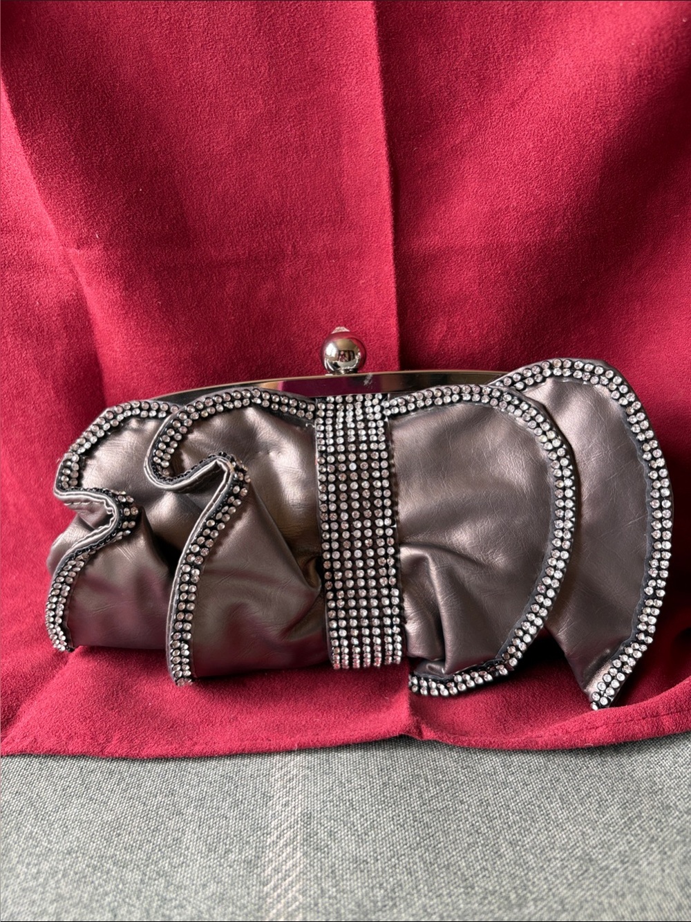 Crystal-Trim Satin Evening Clutch - Gunmetal